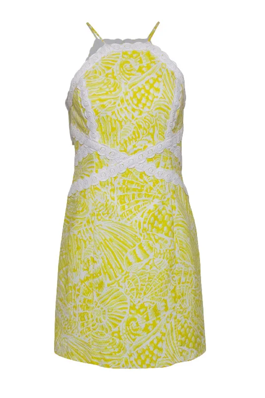 Lilly Pulitzer - Yellow & White Printed Sheath Dress w/ Embroidered Trim Sz 2 Beach unclassified dresses