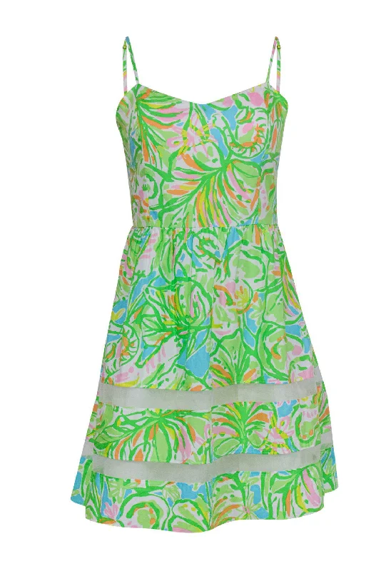 Lilly Pulitzer - Bright Green Printed Cotton Sundress w/ Mesh Trim Sz 6 Open-back unclassified dresses