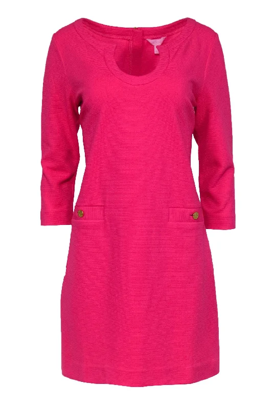 Lilly Pulitzer - Bright Hot Pink Ribbed Cropped-Sleeve Dress Sz L Open-back unclassified dresses