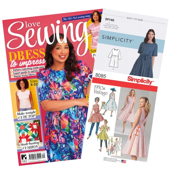 Love Sewing Magazine #140 With Simplicity 8085 Vintage Wrap & 9140 Pullover Dress Patterns Sequin unclassified dresses