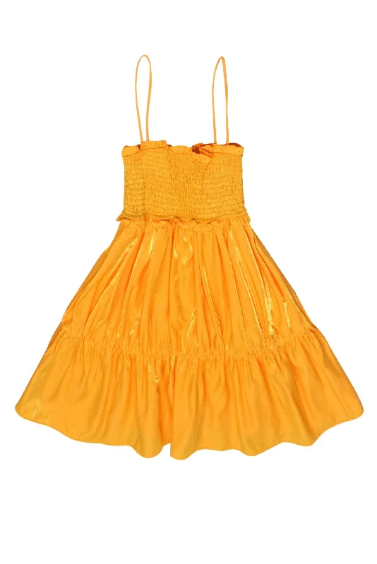 Lovers + Friends - Metallic Yellow Satin Ruffled Smocked Bust Sundress Sz XS Color block unclassified dresses