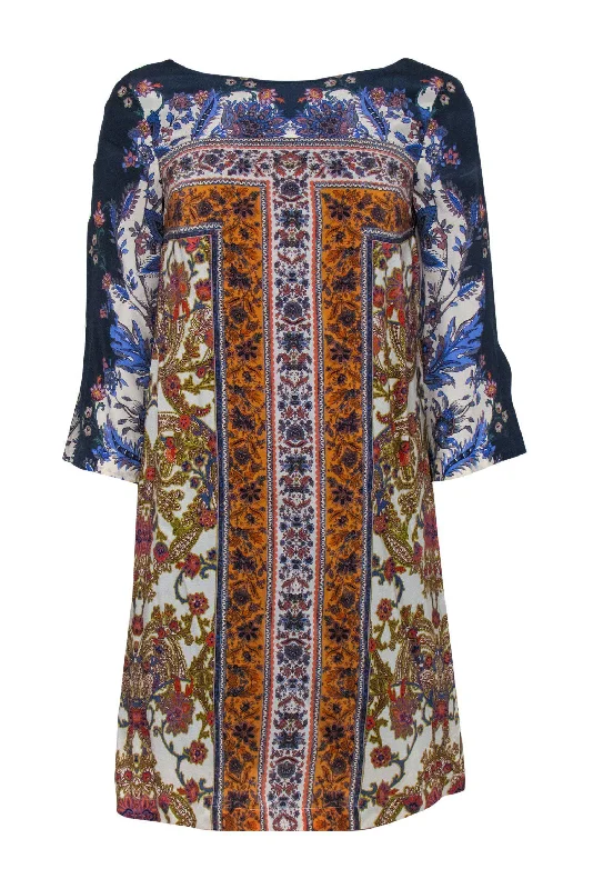 Maeve - Blue, Orange & Cream Bohemian Print Silk Shift Dress Sz 4 Bold pattern unclassified dresses