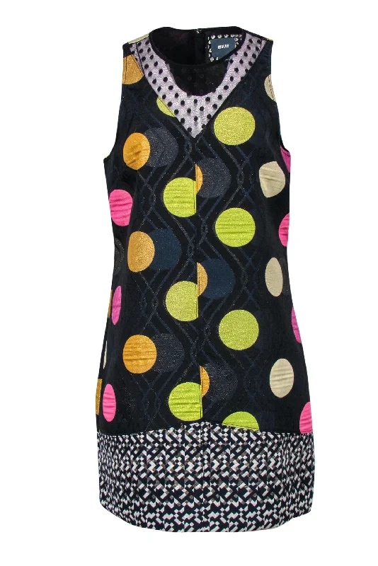 Maeve - Black Metallic Polka Dot Shift Dress w/ Mesh Sz M Stylish unclassified dresses