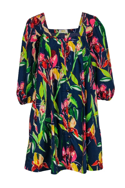 Maeve - Navy Tulip Printed Shift Dress w/ Puffed Sleeves Sz XXS One-shoulder unclassified dresses