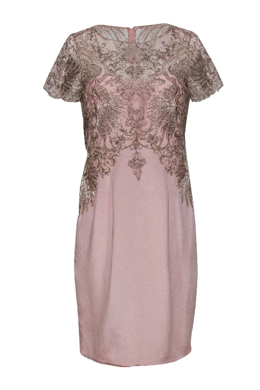 Marchesa Notte - Blush & Gold Embroidered Overlay Sheath Dress Sz 8 Vintage unclassified dresses