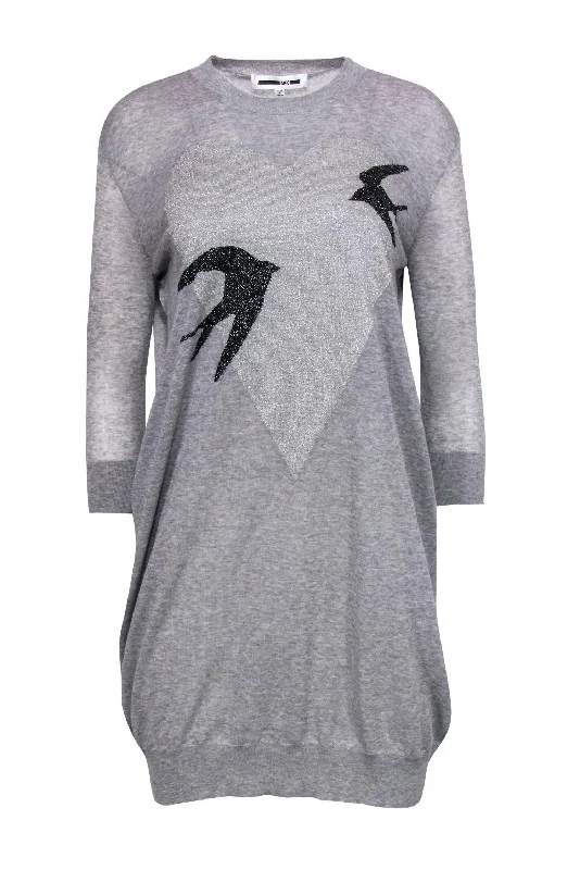 McQ Alexander McQueen - Gray Knit Shift Dress w/ Metallic Heart Print Sz M Festival unclassified dresses