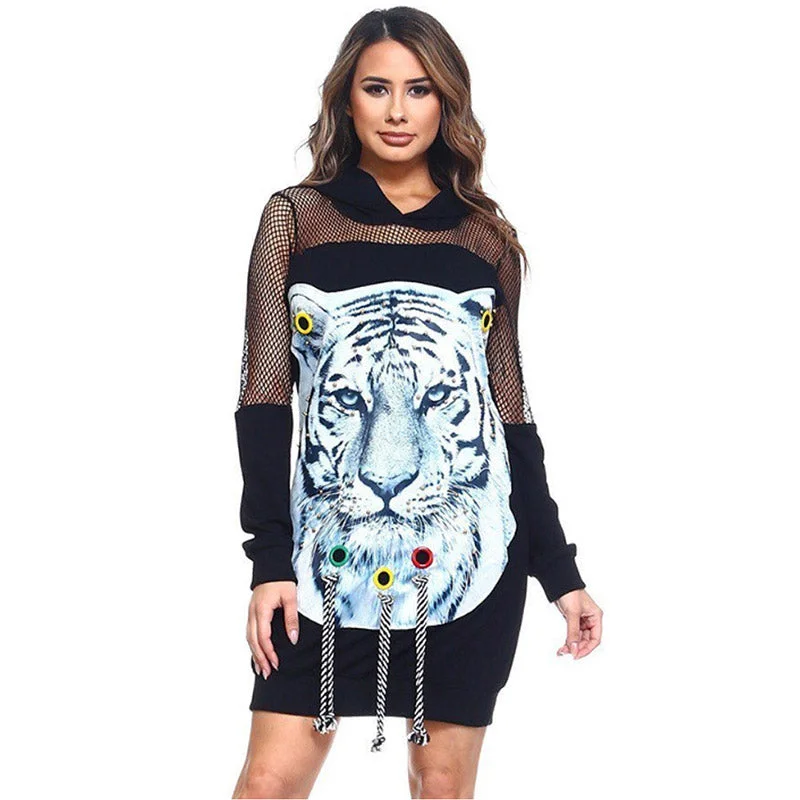 Mesh Tiger's Head Stickers Hooded Nightclubs Dress #Black #Mesh #Hooded #Tiger Popular unclassified dresses