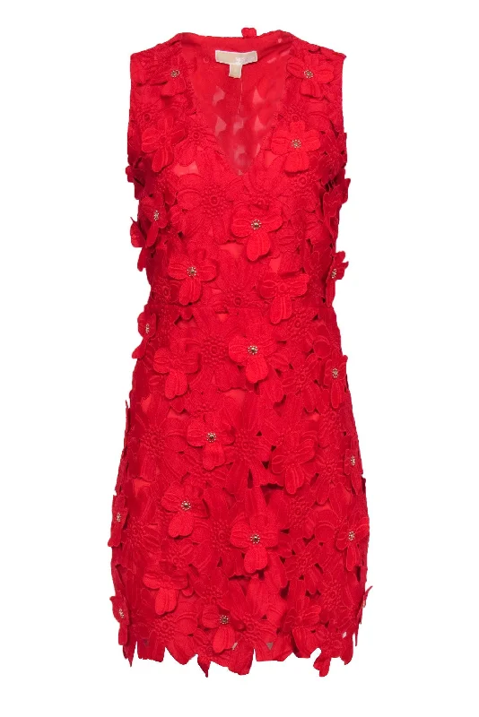 Michael Michael Kors - Red Flower Applique Eyelet Sheath Dress w/ Studs Sz 10 Cocktail unclassified dresses