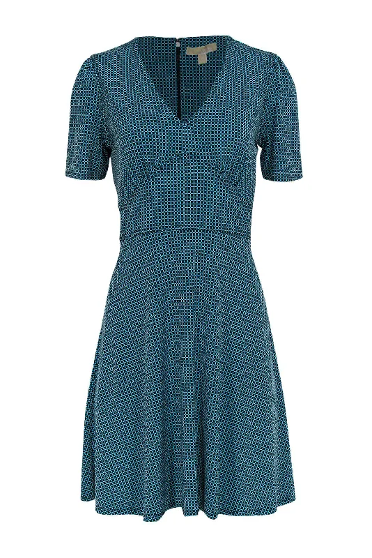 Michael Michael Kors - Teal & Black Patterned V-Neckline Dress Sz M Fashionable unclassified dresses