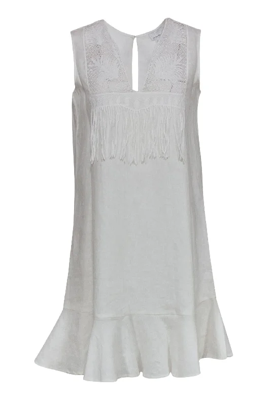 Miguelina - White Linen Shift Dress w/ Embroidery & Fringe Sz XS Breathable unclassified dresses