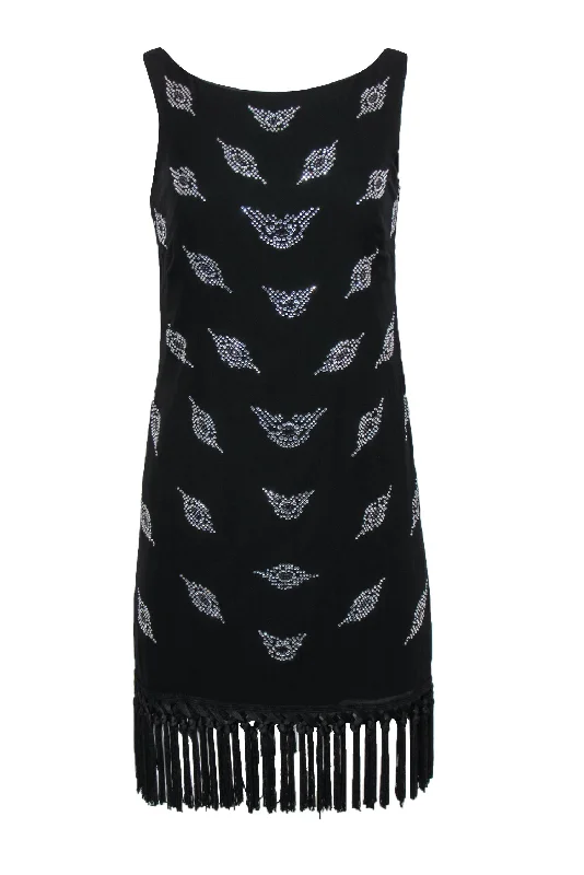 Milly - Black Sleeveless Silk Shift Dress w/ Rhinestone Design & Fringed Hem Sz 4 A-line unclassified dresses