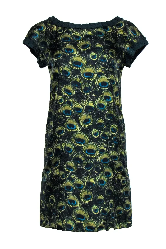 Milly - Green Peacock Feather Printed Silk Shift Dress w/ Ribbon Trim Sz 4 Club unclassified dresses