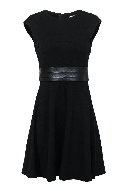 Milly - Black A-Line Wool Dress w/ Leather Trim Sz 6 Bold pattern unclassified dresses