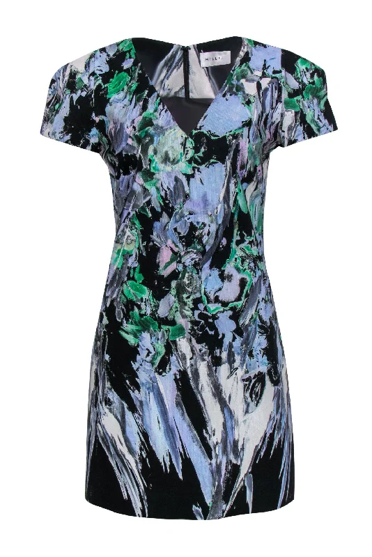 Milly - Black & Pastel Multicolor Brush Stroke V-Neck Dress Sz M Anniversary unclassified dresses