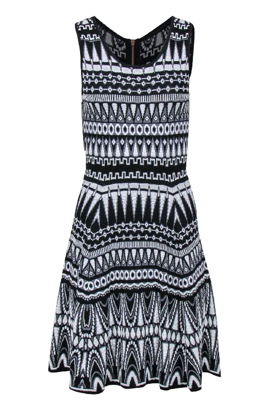 Milly - Black & White Patterned Knit A-Line Dress Sz M Holiday unclassified dresses