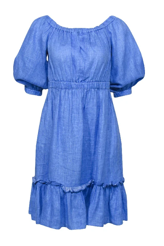 Milly - Blue Linen Off-the-Shoulder Ruffle A-Line Dress Sz S Soft fabric unclassified dresses