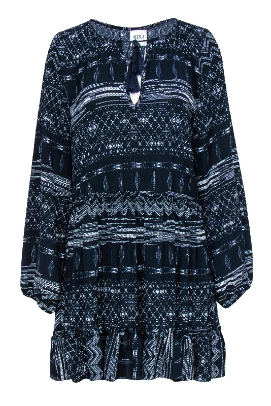 MISA Los Angeles - Navy & White Patterned Peasant Shift Dress Sz S Ruched unclassified dresses