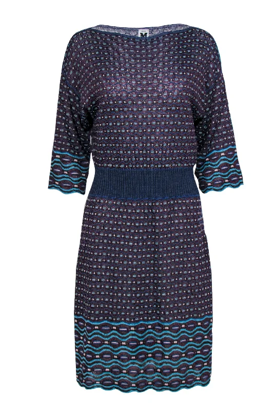 Missoni - Purple & Blue Patterned Knit Dress Sz 10 Ruffled unclassified dresses