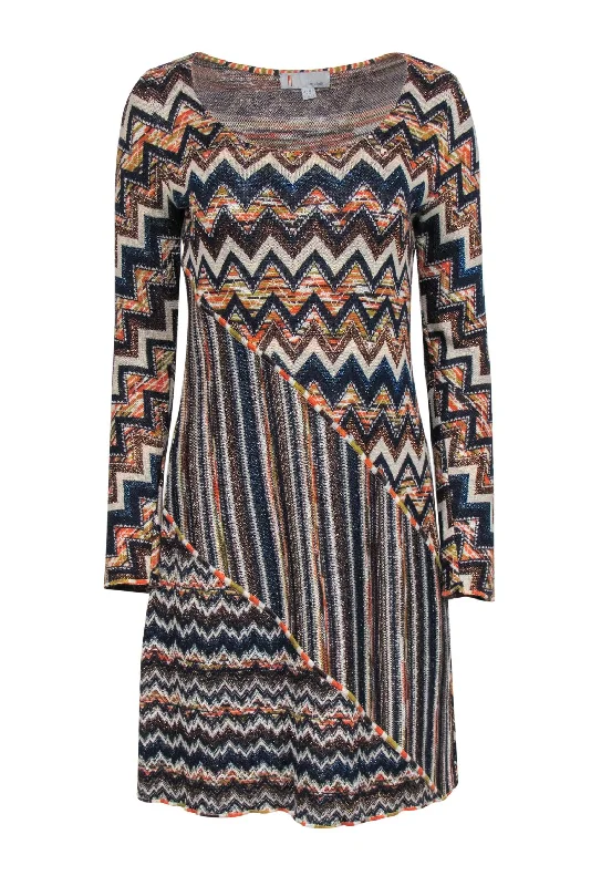 Missoni - Orange, Navy & Cream Metallic Chevron Knit Dress Sz 10 A-line unclassified dresses