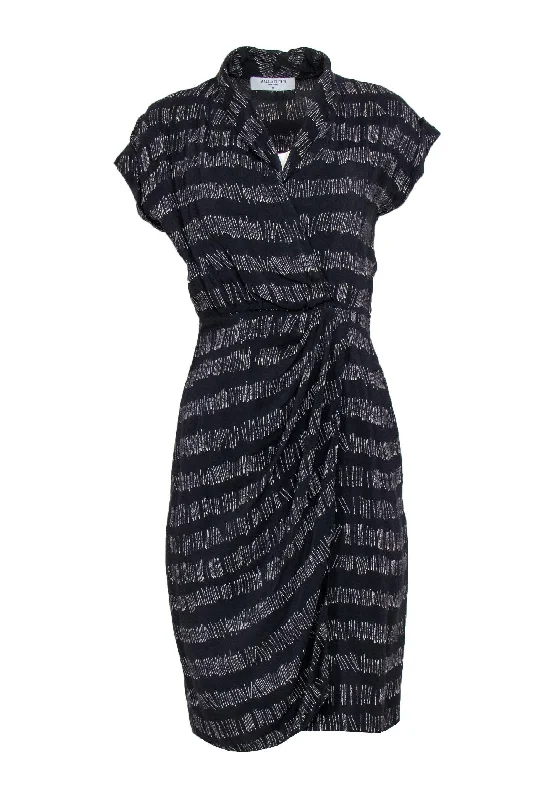 M.M.LaFleur - Dark Gray Hatched Printed Faux Wrap Dress Sz 0P Smocked unclassified dresses