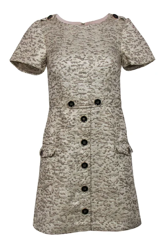 Moulinette Soeurs - Beige & Metallic Brocade Sheath Dress w/ Buttons Sz 4 Short unclassified dresses