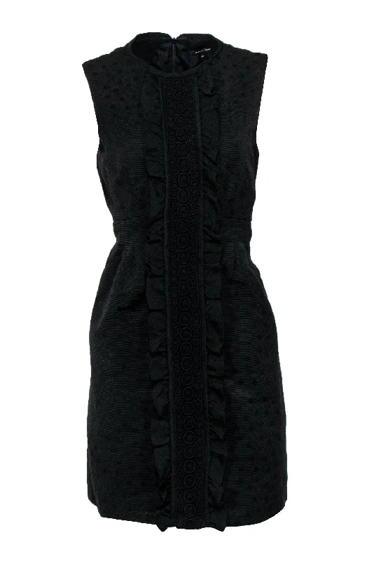 Nanette Lepore - Black Polka Dot Embossed Sheath Dress w/ Ruffles & Embroidery Sz 12 Satin unclassified dresses