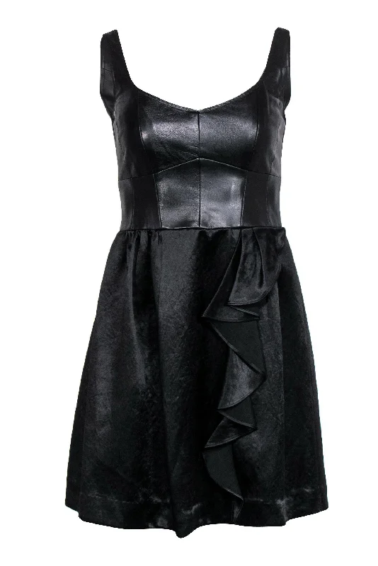 Nanette Lepore - Black A-Line Ruffle Dress w/ Leather Bodice Sz 4 Casual chic unclassified dresses