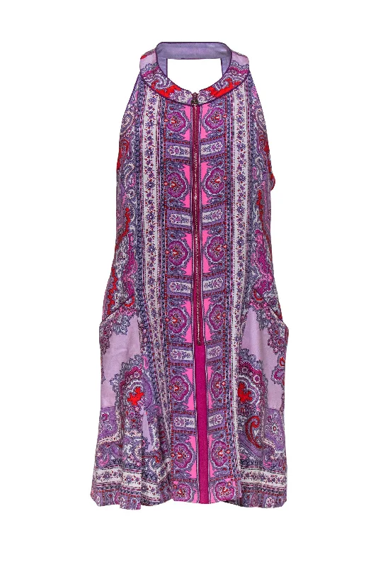 Nanette Lepore - Pink & Purple Paisley Zip-Up Shift Dress Sz 8 Metallic unclassified dresses