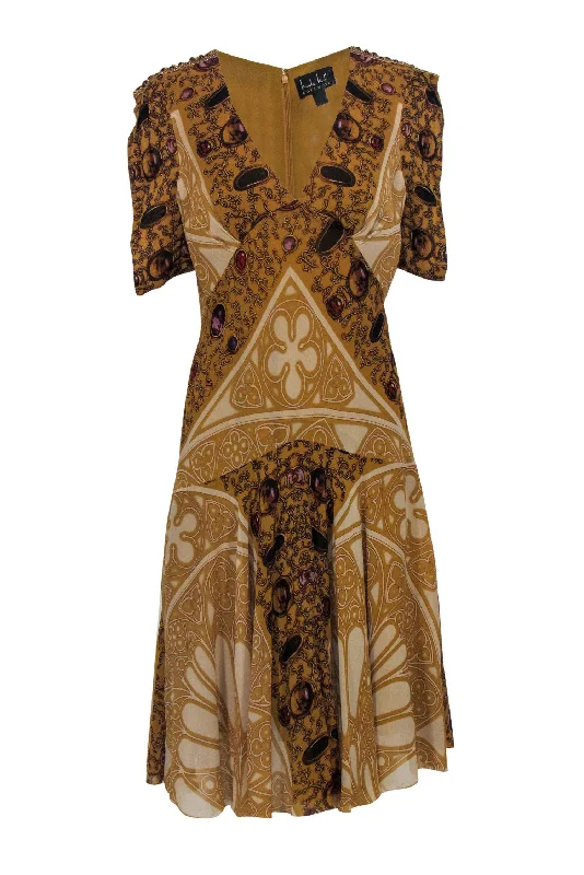 Nicole Miller - Golden Jewel Printed Flare Dress Sz 10 Fall unclassified dresses