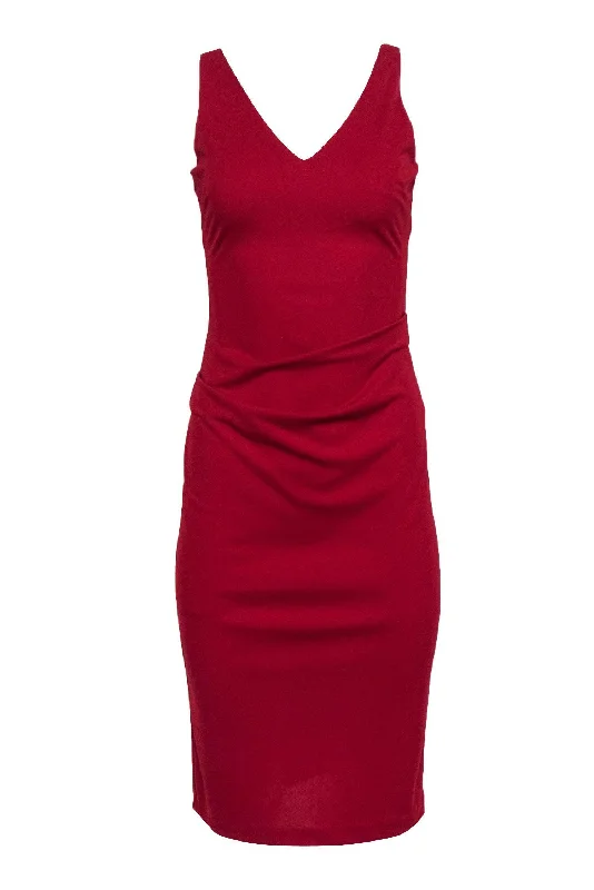 Nicole Miller - Red V-Neck A-Line Dress w/ Ruching Sz 2 One-shoulder unclassified dresses