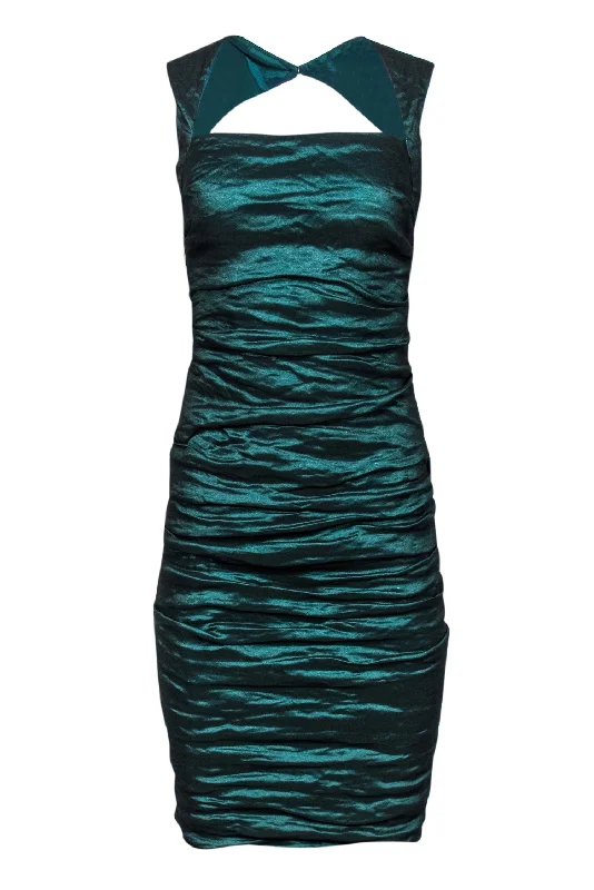 Nicole Miller - Metallic Emerald Green Ruched Backless Dress Sz 4 Preppy unclassified dresses