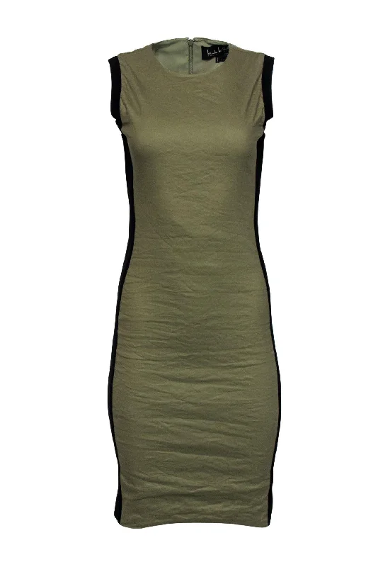 Nicole Miller - Olive Green & Black Paneled Sheath Dress Sz 4 Chic unclassified dresses