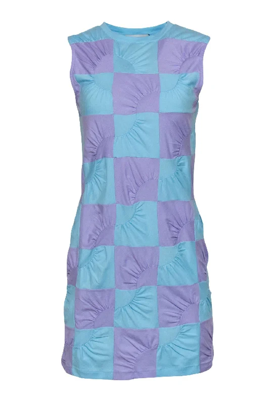 Coperni - Aqua & Lilac Patchwork Sleeveless Shift Dress w/ Wavy Seam Detail Sz M Travel unclassified dresses