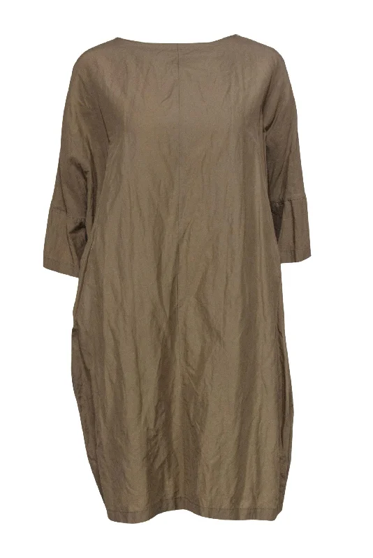 Nuovo Borgo - Deep Khaki Oversized Shift Dress w/ Striped Bow Sz 10 Casual chic unclassified dresses