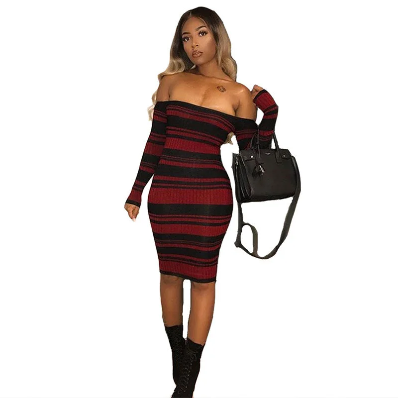 Off Shoulder Striped Print Dress Monochrome unclassified dresses