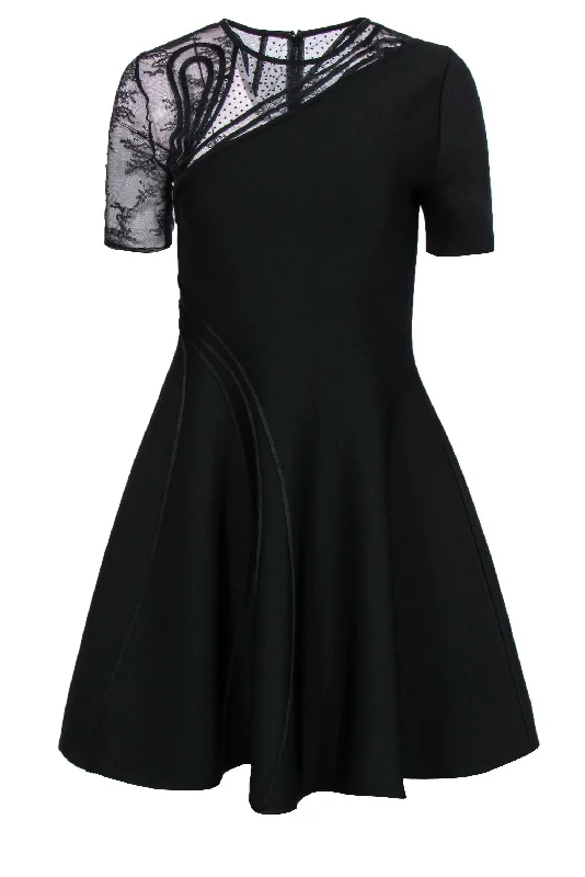 Oscar de la Renta - Black Fit & Flared Dress w/ Patterned Mesh Design Sz M Discounted unclassified dresses