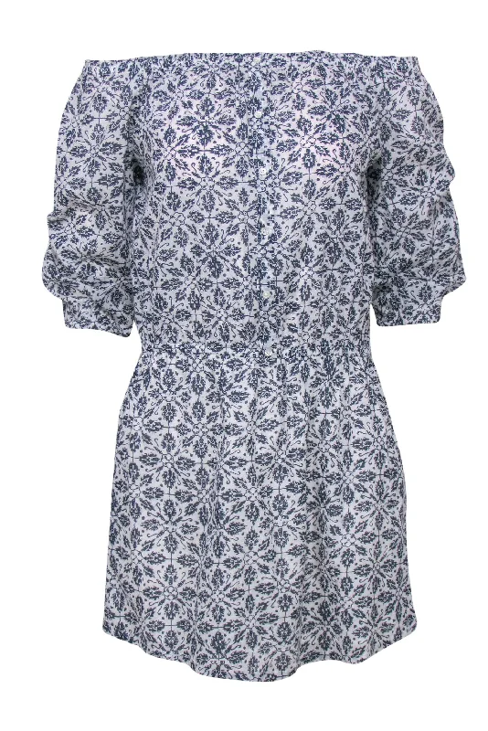 Paige - White & Blue Paisley Printed Off-the-Shoulder Dress Sz S Long unclassified dresses