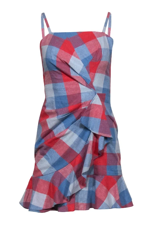 Parker - Blue & Red Checkered Sleeveless Ruffled Sheath Dress Sz 0 Knitted unclassified dresses