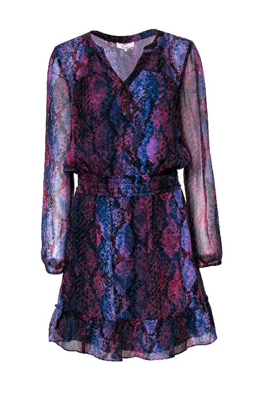 Parker - Navy, Purple & Red Snakeskin Printed Peasant Dress Sz S Office unclassified dresses