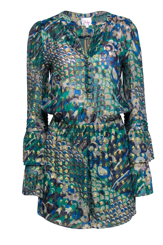 Parker - Green, Blue & Gold Bohemian Print Bell Sleeve Silk Dress Sz S Pastel unclassified dresses