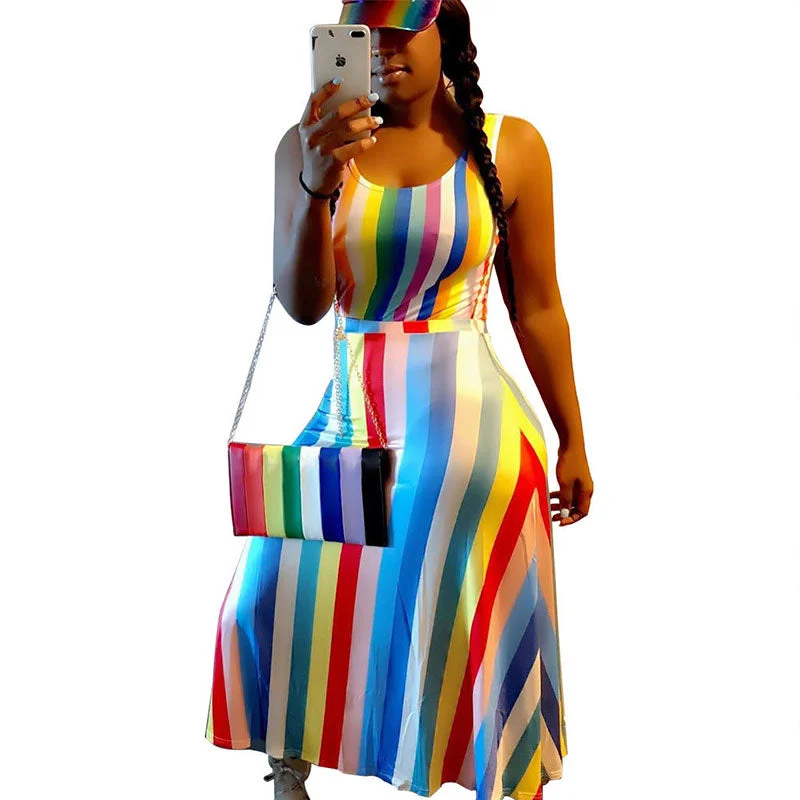 Patchwork Striped Multicolor Ankle Length Dress #Sleeveless #Striped Color block unclassified dresses