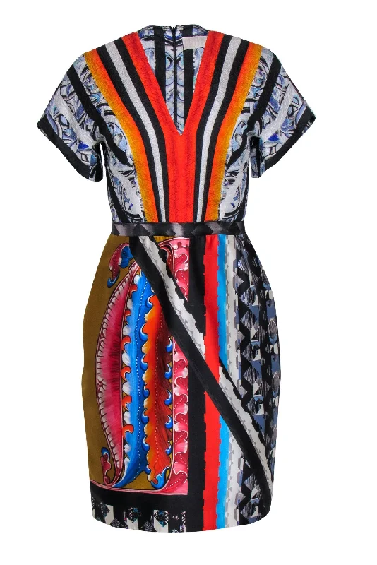 Peter Pilotto - Multi-Patterned Silk Satin V-Neck Sheath Dress Sz 6 Monochrome unclassified dresses