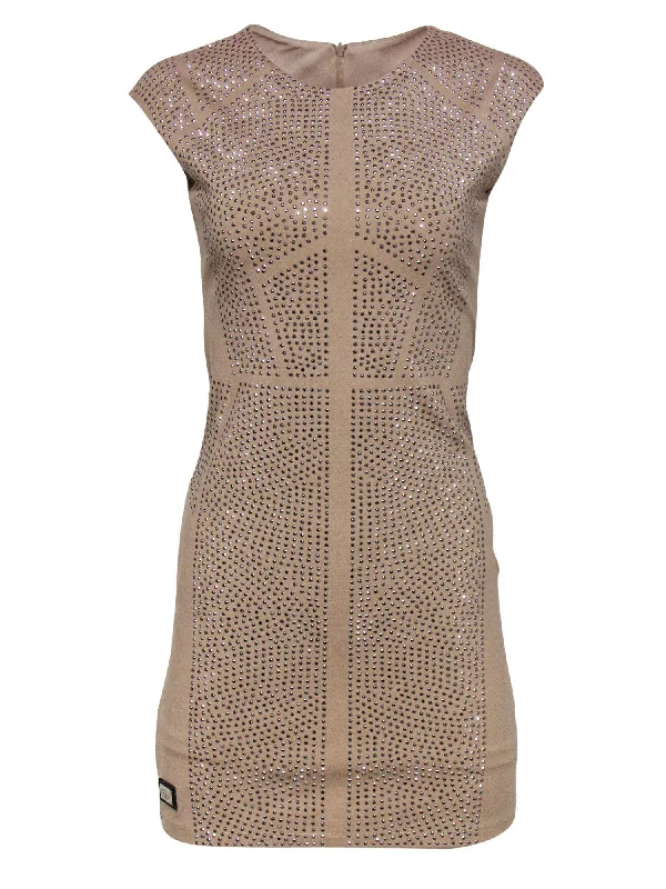 Philipp Plein - Tan Cap Sleeve Sheath Dress w/ Rhinestones Sz M Holiday unclassified dresses