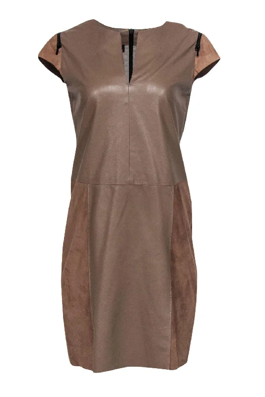 Porsche Design - Taupe Leather & Suede Notch Neckline Sheath Dress Sz L Spring unclassified dresses