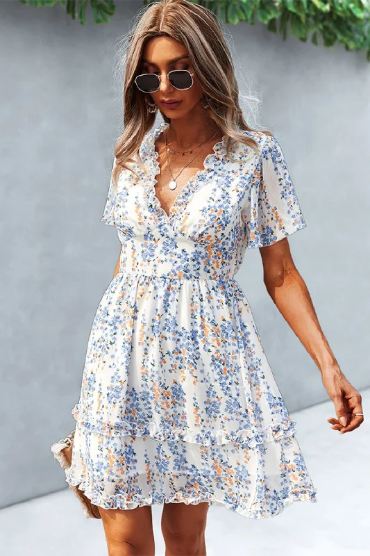 Printed Flutter Sleeve V-Neck Dress Pastel unclassified dresses