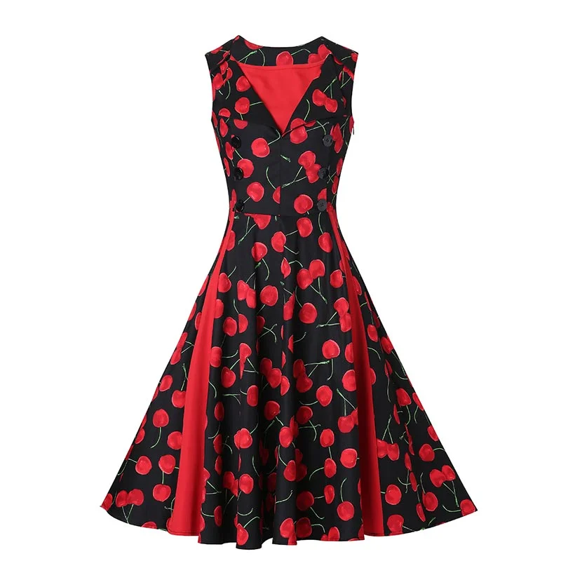 Printed Front Buttoned Vintage Dress #Red #Black Chiffon unclassified dresses