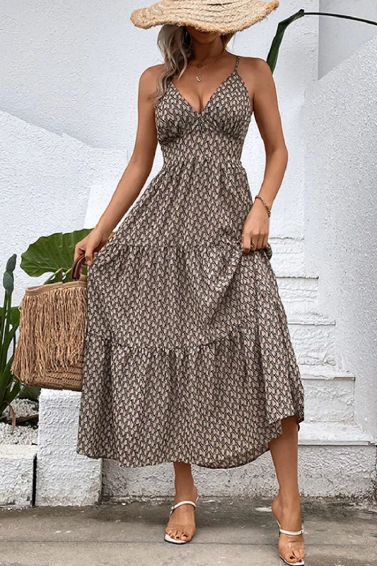 Printed Spaghetti Strap Tie Back Dress Earthy tone unclassified dresses