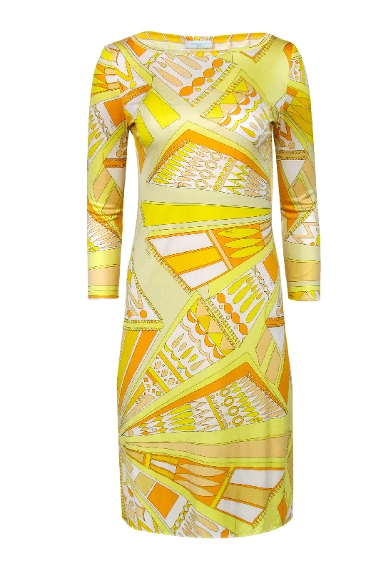 Emilio Pucci - Yellow Psychedelia Print Silk Dress Sz 8 Sleeveless unclassified dresses