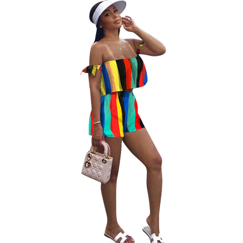 Rainbow Stripe Loose Fashion 2 Piece Se #Two Piece #Striped #Off The Shoulder Open-back unclassified dresses