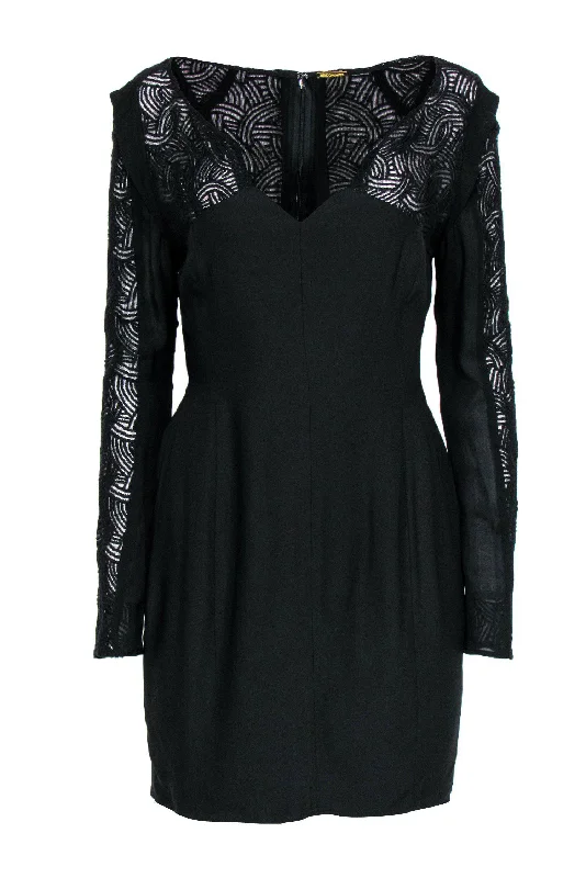 Rebecca Minkoff - Black Embroidered Mesh Sleeve Fitted Dress Sz 10 Long sleeve unclassified dresses